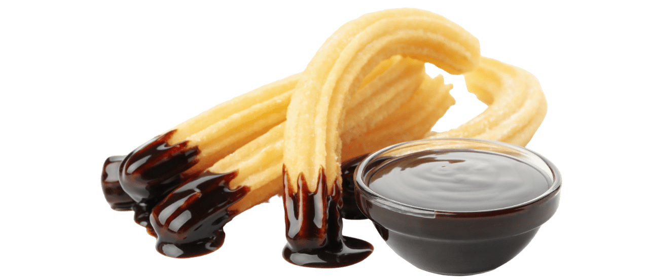 Imagen aislada de unos churros mojados en chocolate con un recipiente de chocolate al lado.
